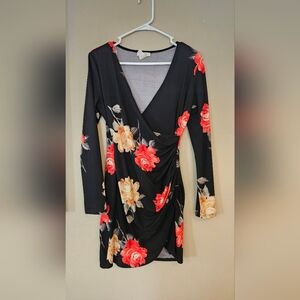 Black Floral Wrap Dress with Red & Cream Roses